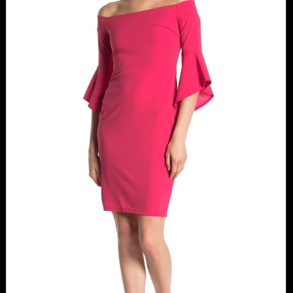 Bebe NWT Off-Shoulder Quarter Bell Waterfall Sleeves Back Slit Sheath Dress 2 - Picture 1 of 4